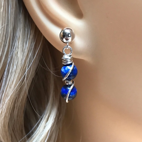 Pamynthia Designs Jewelry - Lapis Lazuli Earrings- Lapis Lazuli Sterling Silver Stud Dangle Earrings